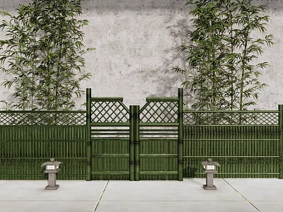 Green Bamboo Fence With Lattice Gate And Tall Bamboo Plants Outdoor View 3d model