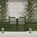 Green Bamboo Fence With Lattice Gate And Tall Bamboo Plants Outdoor View