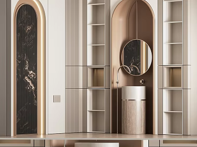 Modern Bathroom Cabinet Rack With Arched Design Round Mirror Sink And Marble Open Shelves 3d model