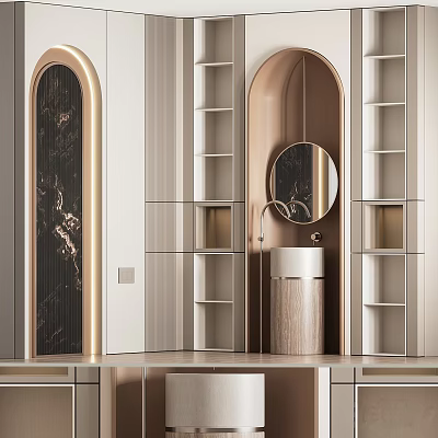 Modern Bathroom Cabinet Rack With Arched Design Round Mirror Sink And Marble Open Shelves 3d model