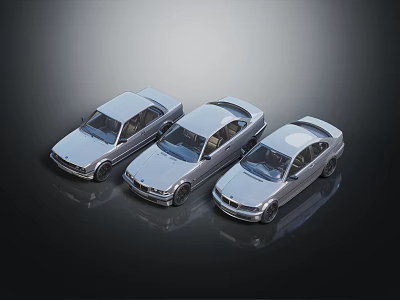 Three Silver Cars Parked Side by Side on Dark Background with Different Styles 3d model