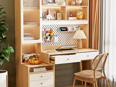 Modern Wooden Desk With Built in Bookshelf Table Lamp Chair And Potted Plant 3d model