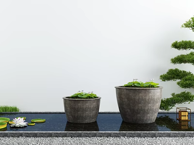 Courtyard Garden Design With Gray Planters Green Plants Water Feature White Lotus And Trimmed Pine 3d model