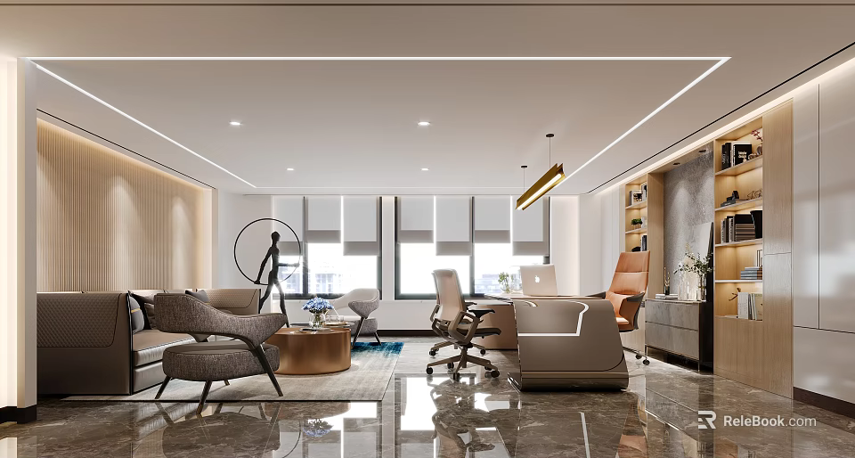 Modern Office Interior With Sofa Chairs Desk Large Windows And Ceiling Lights 3d model