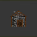 Cartoon Style Small House with Stone Walls Wooden Tile Roof and Small Window