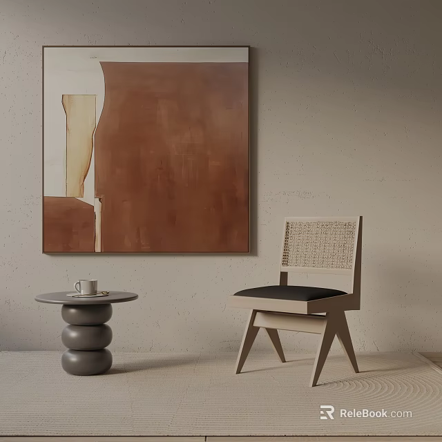 Modern Leisure Chair With Woven Backrest Wooden Frame Small Side Table And Abstract Wall Art 3d model 