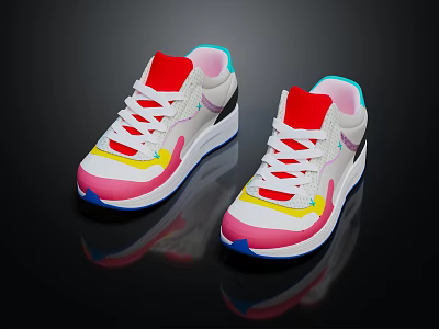 Stylish White Sneakers With Red Pink Yellow Blue Accents And White Laces 3d model