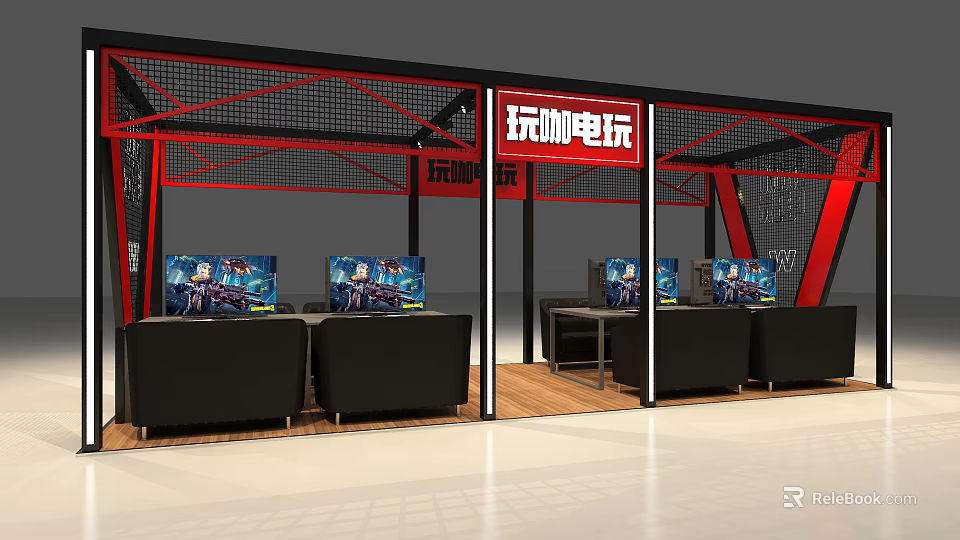 Indoor Amusement Park Arcade With Multiple Screens Black Sofas Red Signs And Metal Framework 3d model 
