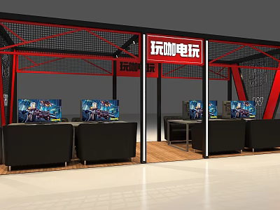 Indoor Amusement Park Arcade With Multiple Screens Black Sofas Red Signs And Metal Framework 3d model