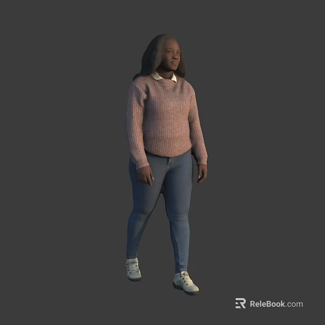 Woman Wearing Pink Sweater Blue Jeans And White Sneakers Standing Against Gray Background 3d model 