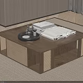 Wooden Coffee Table with Woven Details Tray Cup Open Book in Modern Living Room