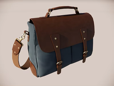 Stylish Brown And Blue Leather Briefcase With Flap Design Adjustable Shoulder Strap And Metal Buckles 3d model