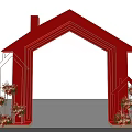 Red House Shaped Arch With Decorative Flower Bouquets Arranged On Both Sides