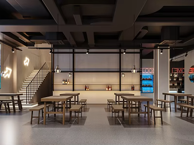 Modern Restaurant Interior With Wooden Tables Hanging Lights Staircase And Open Layout 3d model