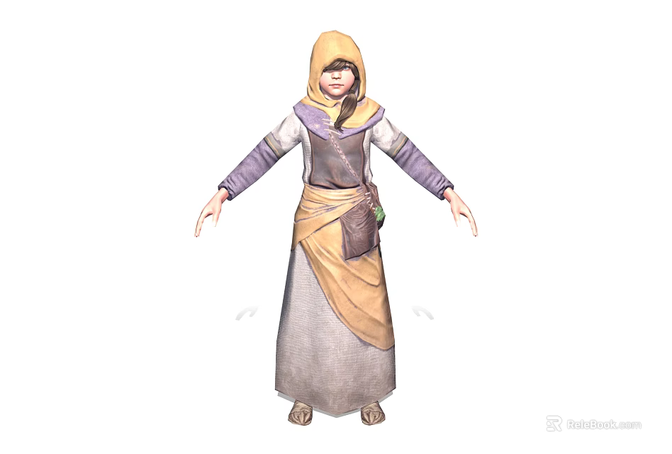 Hooded Female Character In Colorful Robe With Yellow Hood Purple Sleeves And Brown Satchel 3d model 