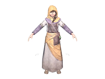 Hooded Female Character In Colorful Robe With Yellow Hood Purple Sleeves And Brown Satchel 3d model