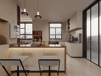 Modern Open Concept Kitchen Interior With Island Counter Hanging Lights And Bar Stools 3d model