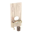 Minimalist Dressing Table With Round Mirror Wooden Panel Stool And Cosmetics On Top