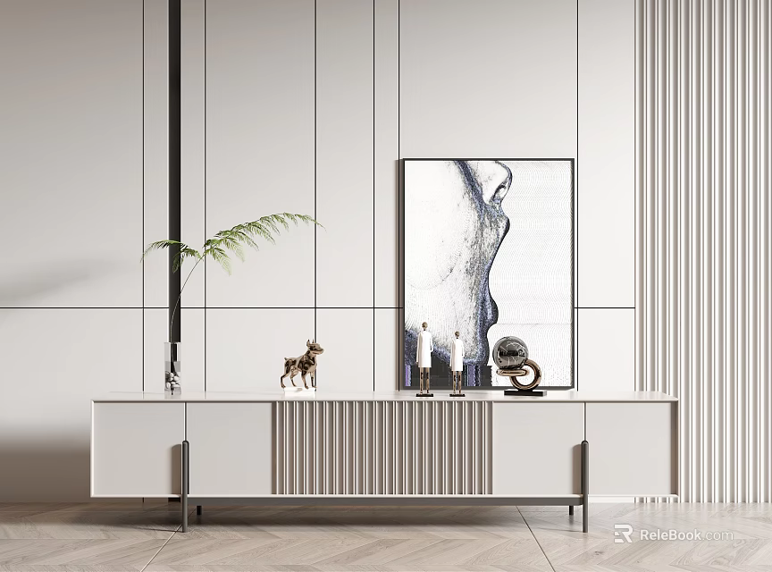 Modern White TV Stand With Minimalist Design Decorative Items Green Plant And Wall Art 3d model 