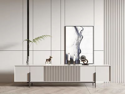 Modern White TV Stand With Minimalist Design Decorative Items Green Plant And Wall Art 3d model