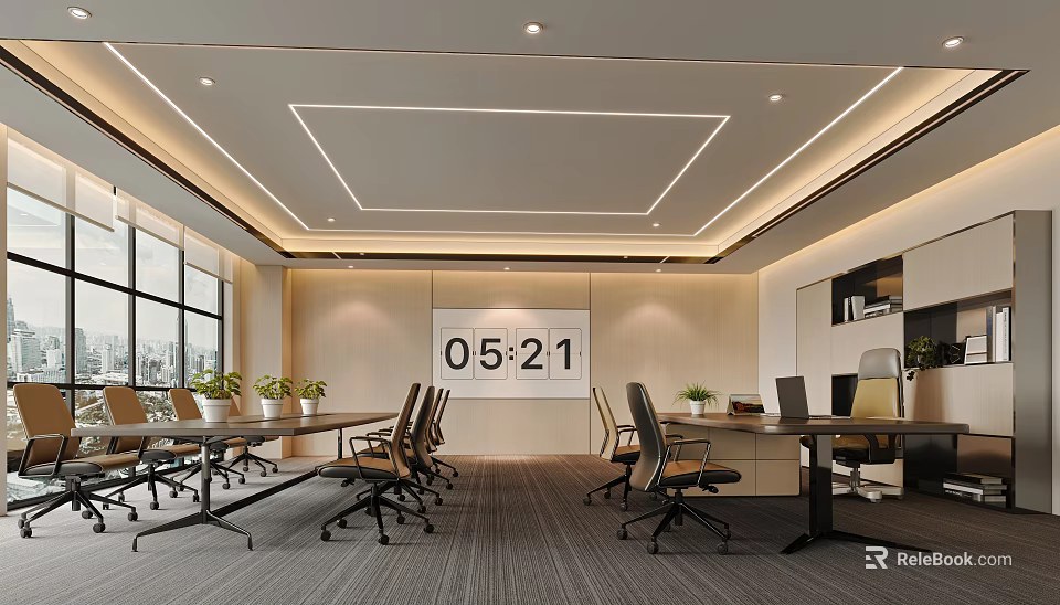 Modern Office Meeting Room Interior With Long Table Clock Plants Large Windows And Office Chairs 3d model 
