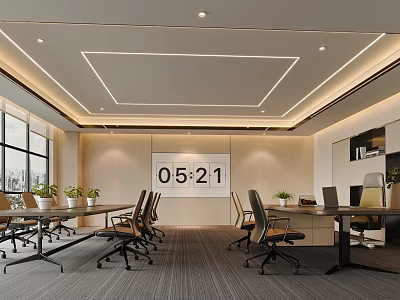 Modern Office Meeting Room Interior With Long Table Clock Plants Large Windows And Office Chairs 3d model