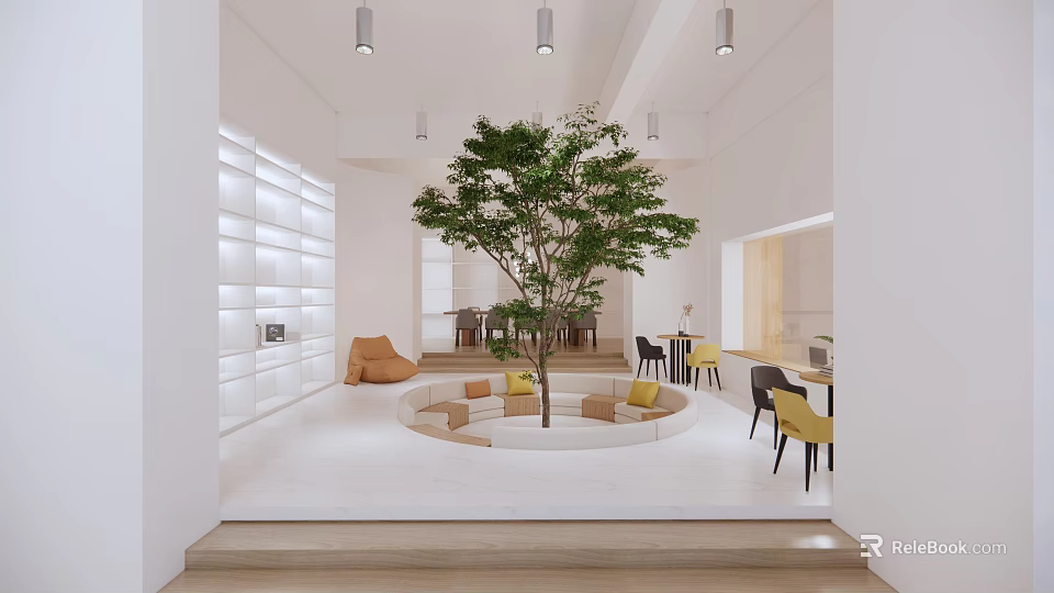 Modern Casual Area Interior With Circular Seating Large Tree Orange Yellow Chairs And White Shelves 3d model 