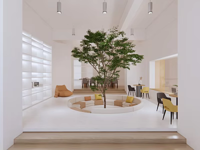 Modern Casual Area Interior With Circular Seating Large Tree Orange Yellow Chairs And White Shelves 3d model