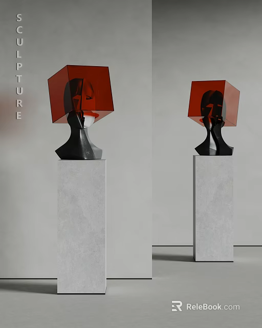 Modern Abstract Black Sculpture With Red Cube Design On Gray Concrete Pedestal 3d model 