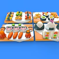 Colorful Japanese Sushi Platter With Salmon Crab Sticks Small Octopus On Orange Trays Blue Background