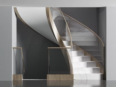 Modern Spiral Staircase With Marble Steps Glass And Wooden Railings Interior Design 3d model