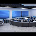 High Tech Control Room With Multiple Monitors Control Desk Blue Lighting And Office Chairs 3d model