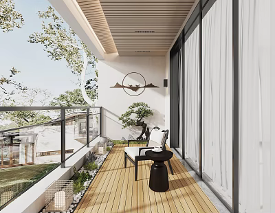 Modern Home Balcony Design With Wooden Flooring Outdoor Furniture And Green Plants 3d model