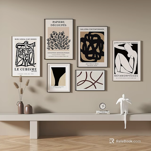 Modern Decorative Wall Posters With Minimalist Shelf Vase Sculpture And Clock 3d model