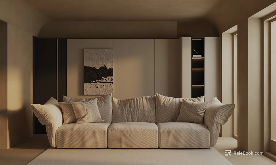Neutral Tone Three Seater Sofa In Modern Living Room With Wall Art And Cabinetry 3d model 
