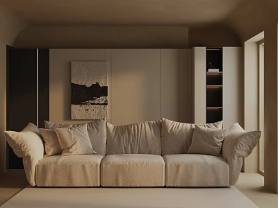 Neutral Tone Three Seater Sofa In Modern Living Room With Wall Art And Cabinetry 3d model