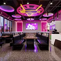 Vibrant Restaurant With Neon Lights Purple Ceiling Lighting Booth Seating And Beverage Coolers