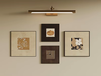 Stylish Wall Decor With Four Framed Artworks And Modern Ceiling Lamp 3d model
