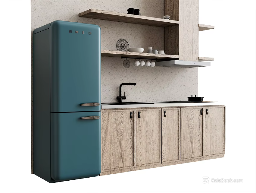 Modern Kitchen Interior With Wooden Cabinets Blue Refrigerator Sink And Shelf 3d model 