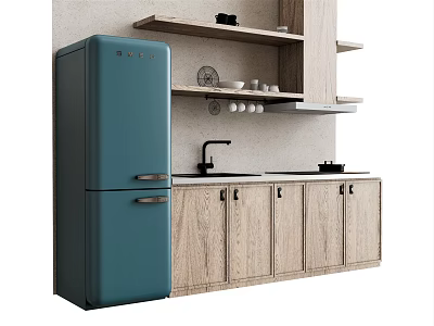 Modern Kitchen Interior With Wooden Cabinets Blue Refrigerator Sink And Shelf 3d model