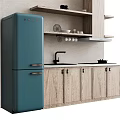 Modern Kitchen Interior With Wooden Cabinets Blue Refrigerator Sink And Shelf