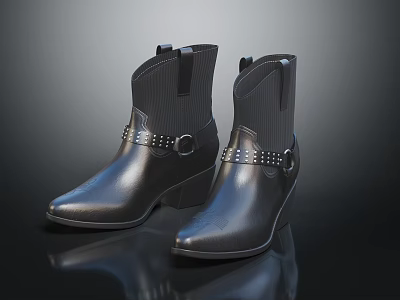 Western Style Black Leather Boots With Studded Straps And Wedge Heel Short Design 3d model