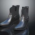 Western Style Black Leather Boots With Studded Straps And Wedge Heel Short Design
