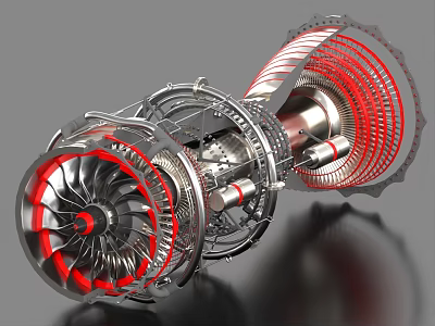 Industrial Turbine Engine Cutaway View With Metal Structure And Red Components 3d model