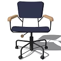Navy Blue Office Chair With Wooden Armrests And Swivel Wheels Design
