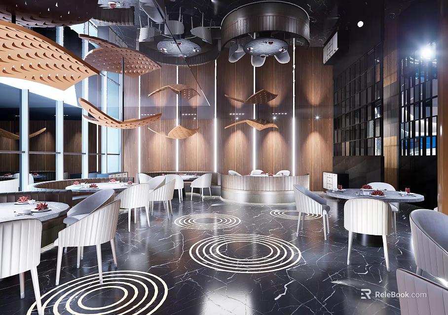 Modern Hotpot Restaurant Interior With Stylish Tables Chairs And Circular Lighting Decor 3d model 
