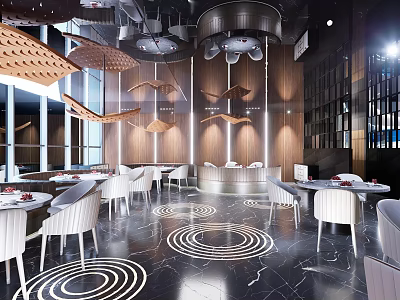 Modern Hotpot Restaurant Interior With Stylish Tables Chairs And Circular Lighting Decor 3d model