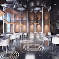 Modern Hotpot Restaurant Interior With Stylish Tables Chairs And Circular Lighting Decor
