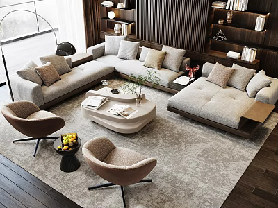 Modern Living Room Interior With Beige Sofa Coffee Table Set Accent Chairs And Decorative Pillows 3d model
