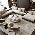 Modern Living Room Interior With Beige Sofa Coffee Table Set Accent Chairs And Decorative Pillows